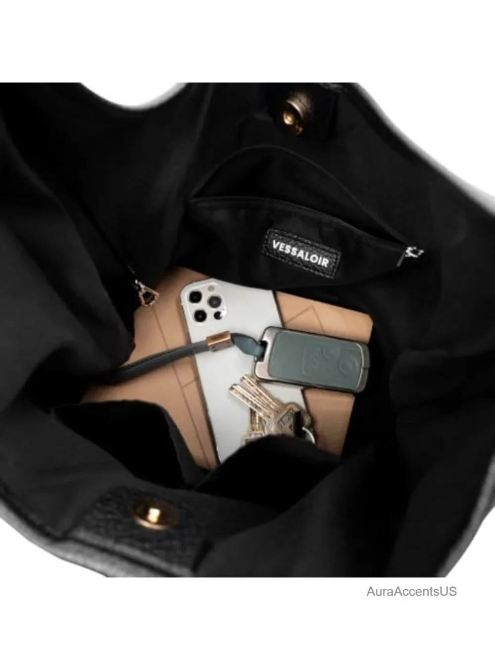 Vegan Leather Slouchy Hobo Bag with Zip Pouch and Key Leash